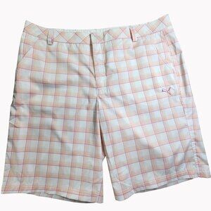 Puma Mens 40 Orange White Plaid Golf Shorts Flat Front Performance